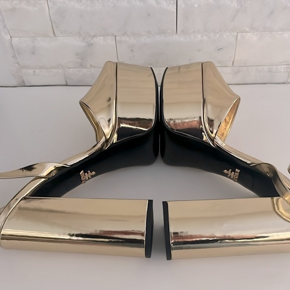 Prada Platform Plateau Ankle Strap Heel Sandals in Metallic Gold 37.5, US 7.5 - Picture 9 of 14